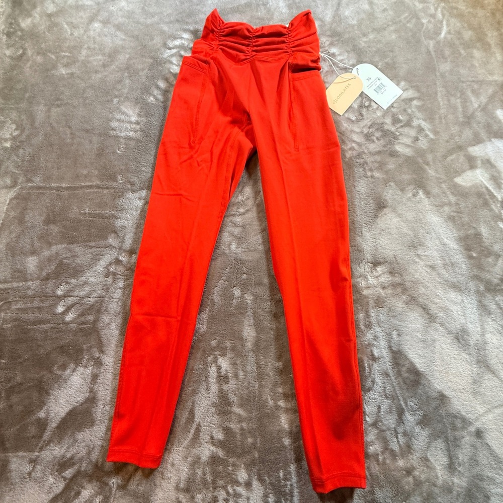 Blogilates Ruched Waist Leggings Women XS Red NEW High Waisted Side Pockets